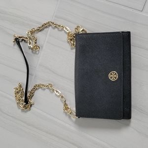 Tory Burch black clutch with gold link strap